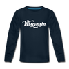 Wisconsin Youth Long Sleeve Shirt - Hand Lettered Youth Long Sleeve Wisconsin Tee - deep navy