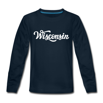 Wisconsin Youth Long Sleeve Shirt - Hand Lettered Youth Long Sleeve Wisconsin Tee - deep navy