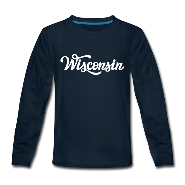 Wisconsin Youth Long Sleeve Shirt - Hand Lettered Youth Long Sleeve Wisconsin Tee - deep navy