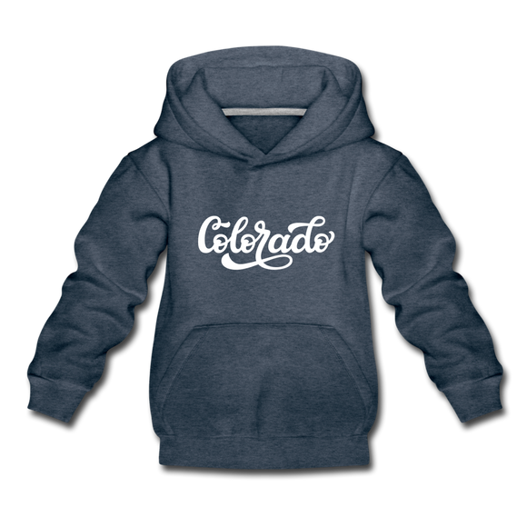 Colorado Youth Hoodie - Hand Lettered Youth Colorado Hooded Sweatshirt - heather denim