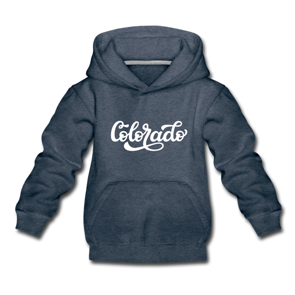 Colorado Youth Hoodie - Hand Lettered Youth Colorado Hooded Sweatshirt - heather denim