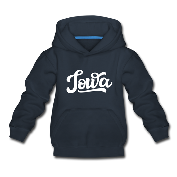 Iowa Youth Hoodie - Hand Lettered Youth Iowa Hooded Sweatshirt - navy