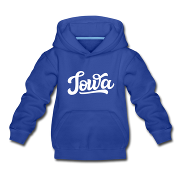 Iowa Youth Hoodie - Hand Lettered Youth Iowa Hooded Sweatshirt - royal blue
