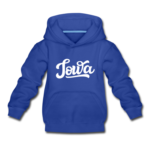 Iowa Youth Hoodie - Hand Lettered Youth Iowa Hooded Sweatshirt - royal blue