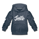 Iowa Youth Hoodie - Hand Lettered Youth Iowa Hooded Sweatshirt - heather denim
