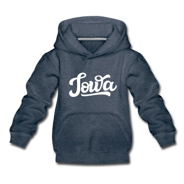 Iowa Youth Hoodie - Hand Lettered Youth Iowa Hooded Sweatshirt - heather denim