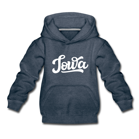 Iowa Youth Hoodie - Hand Lettered Youth Iowa Hooded Sweatshirt - heather denim
