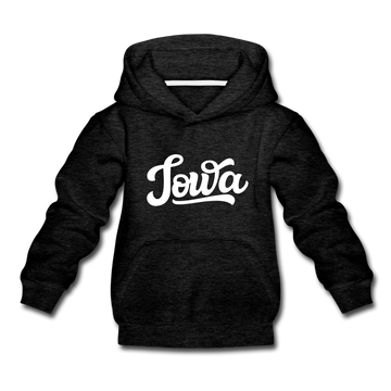 Iowa Youth Hoodie - Hand Lettered Youth Iowa Hooded Sweatshirt - charcoal gray