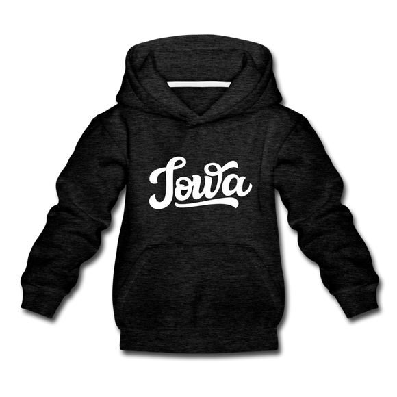 Iowa Youth Hoodie - Hand Lettered Youth Iowa Hooded Sweatshirt - charcoal gray