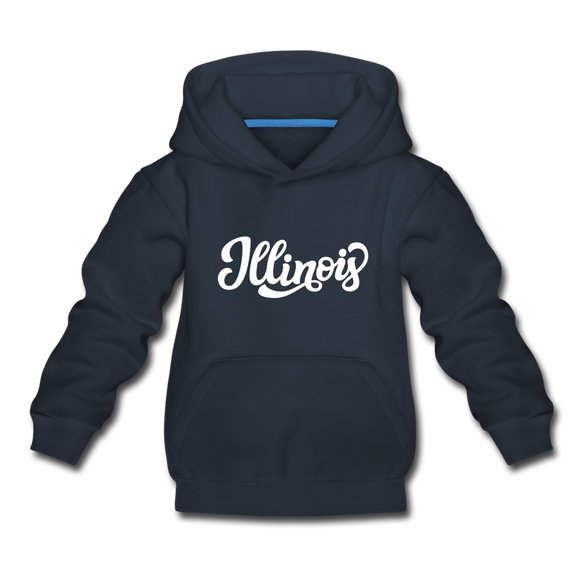 Illinois Youth Hoodie - Hand Lettered Youth Illinois Hooded Sweatshirt - navy