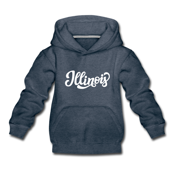 Illinois Youth Hoodie - Hand Lettered Youth Illinois Hooded Sweatshirt - heather denim