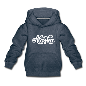 Alaska Youth Hoodie - Hand Lettered Youth Alaska Hooded Sweatshirt - heather denim