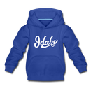 Idaho Youth Hoodie - Hand Lettered Youth Idaho Hooded Sweatshirt - royal blue