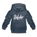 Idaho Youth Hoodie - Hand Lettered Youth Idaho Hooded Sweatshirt - heather denim