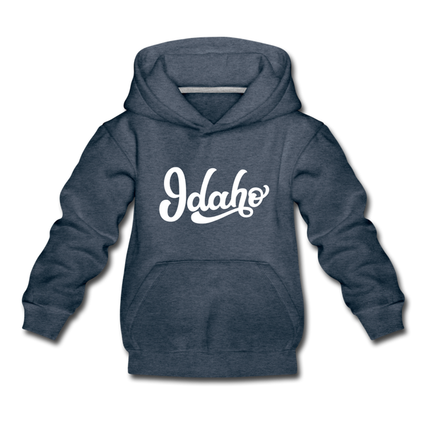 Idaho Youth Hoodie - Hand Lettered Youth Idaho Hooded Sweatshirt - heather denim