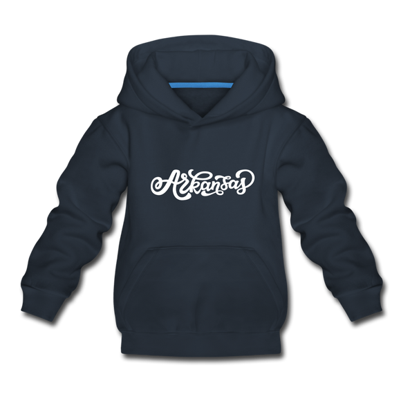 Arkansas Youth Hoodie - Hand Lettered Youth Arkansas Hooded Sweatshirt - navy