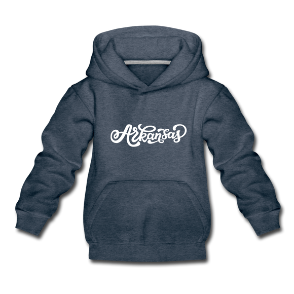 Arkansas Youth Hoodie - Hand Lettered Youth Arkansas Hooded Sweatshirt - heather denim