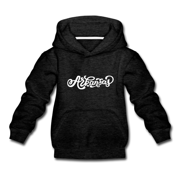 Arkansas Youth Hoodie - Hand Lettered Youth Arkansas Hooded Sweatshirt - charcoal gray