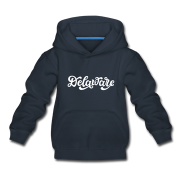 Delaware Youth Hoodie - Hand Lettered Youth Delaware Hooded Sweatshirt - navy