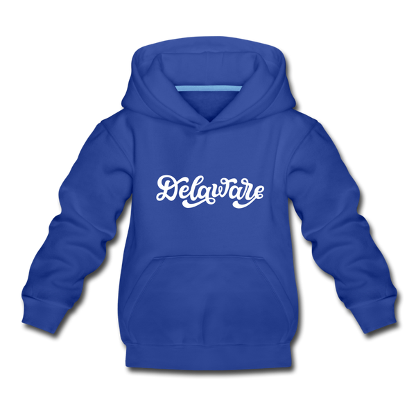 Delaware Youth Hoodie - Hand Lettered Youth Delaware Hooded Sweatshirt - royal blue