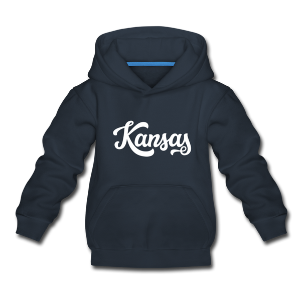 Kansas Youth Hoodie - Hand Lettered Youth Kansas Hooded Sweatshirt - navy
