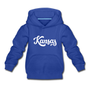 Kansas Youth Hoodie - Hand Lettered Youth Kansas Hooded Sweatshirt - royal blue