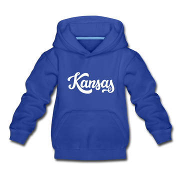 Kansas Youth Hoodie - Hand Lettered Youth Kansas Hooded Sweatshirt - royal blue