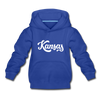 Kansas Youth Hoodie - Hand Lettered Youth Kansas Hooded Sweatshirt - royal blue