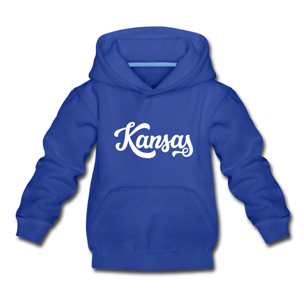 Kansas Youth Hoodie - Hand Lettered Youth Kansas Hooded Sweatshirt - royal blue