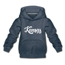 Kansas Youth Hoodie - Hand Lettered Youth Kansas Hooded Sweatshirt - heather denim