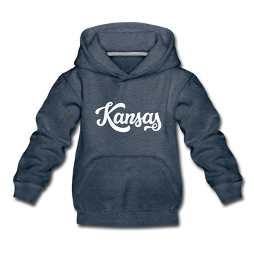 Kansas Youth Hoodie - Hand Lettered Youth Kansas Hooded Sweatshirt - heather denim
