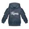 Kansas Youth Hoodie - Hand Lettered Youth Kansas Hooded Sweatshirt - heather denim