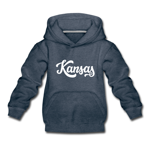 Kansas Youth Hoodie - Hand Lettered Youth Kansas Hooded Sweatshirt - heather denim