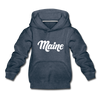 Maine Youth Hoodie - Hand Lettered Youth Maine Hooded Sweatshirt - heather denim