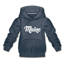 Maine Youth Hoodie - Hand Lettered Youth Maine Hooded Sweatshirt - heather denim