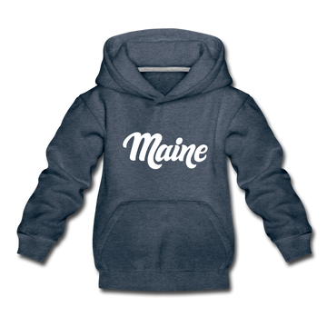 Maine Youth Hoodie - Hand Lettered Youth Maine Hooded Sweatshirt - heather denim