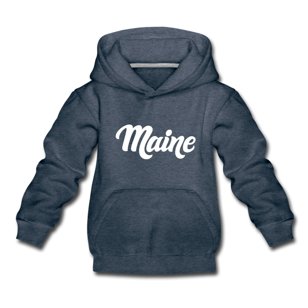 Maine Youth Hoodie - Hand Lettered Youth Maine Hooded Sweatshirt - heather denim