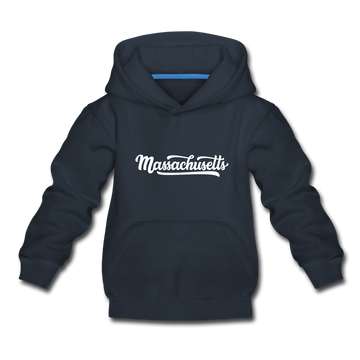 Massachusetts Youth Hoodie - Hand Lettered Youth Massachusetts Hooded Sweatshirt - navy