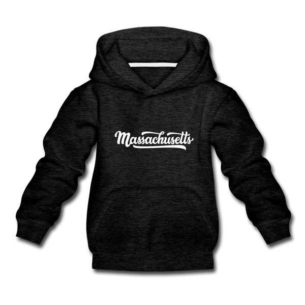 Massachusetts Youth Hoodie - Hand Lettered Youth Massachusetts Hooded Sweatshirt - charcoal gray