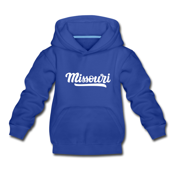 Missouri Youth Hoodie - Hand Lettered Youth Missouri Hooded Sweatshirt - royal blue