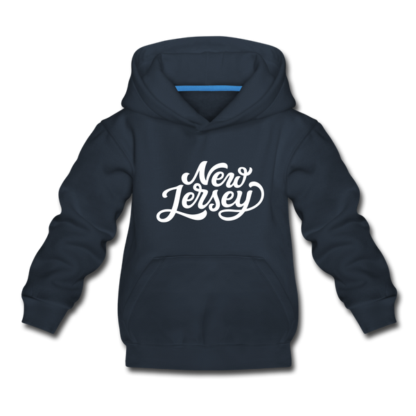 New Jersey Youth Hoodie - Hand Lettered Youth New Jersey Hooded Sweatshirt - navy