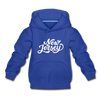 New Jersey Youth Hoodie - Hand Lettered Youth New Jersey Hooded Sweatshirt - royal blue
