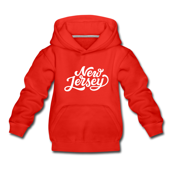 New Jersey Youth Hoodie - Hand Lettered Youth New Jersey Hooded Sweatshirt - red