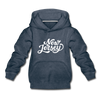 New Jersey Youth Hoodie - Hand Lettered Youth New Jersey Hooded Sweatshirt - heather denim