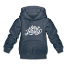 New Jersey Youth Hoodie - Hand Lettered Youth New Jersey Hooded Sweatshirt - heather denim