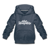 New Hampshire Youth Hoodie - Hand Lettered Youth New Hampshire Hooded Sweatshirt - heather denim