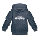 New Hampshire Youth Hoodie - Hand Lettered Youth New Hampshire Hooded Sweatshirt - heather denim
