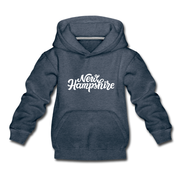New Hampshire Youth Hoodie - Hand Lettered Youth New Hampshire Hooded Sweatshirt - heather denim