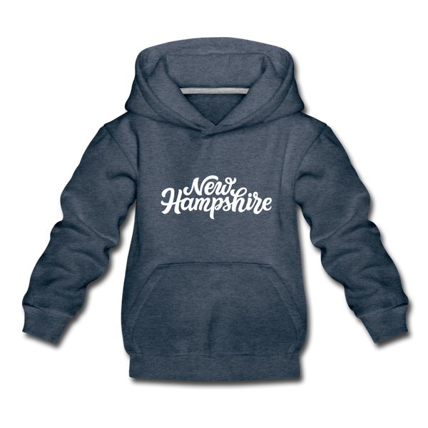 New Hampshire Youth Hoodie - Hand Lettered Youth New Hampshire Hooded Sweatshirt - heather denim