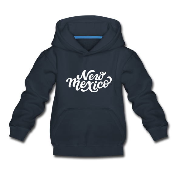 New Mexico Youth Hoodie - Hand Lettered Youth New Mexico Hooded Sweatshirt - navy